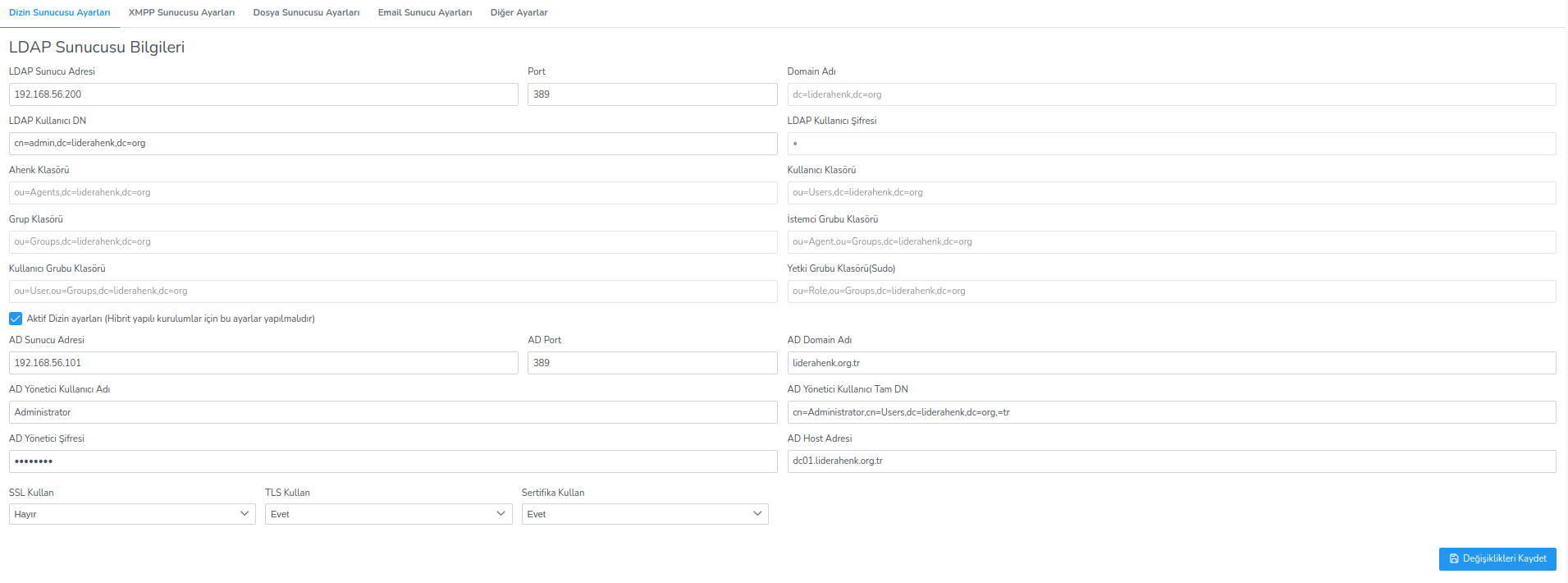 LDAP Sunucu Ayaları